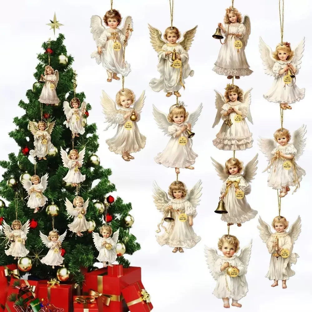Christmas Retro Angel Girl Wooden Flat Pendants Xmas Tree Hanging Ornaments