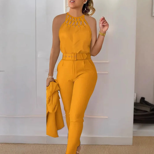 2 Piece Sets Womens Outifits Casual Fashion Slim Fit Sleeveless Top Solid Pants with Belt Suit for Female Summer Fall 2024 New