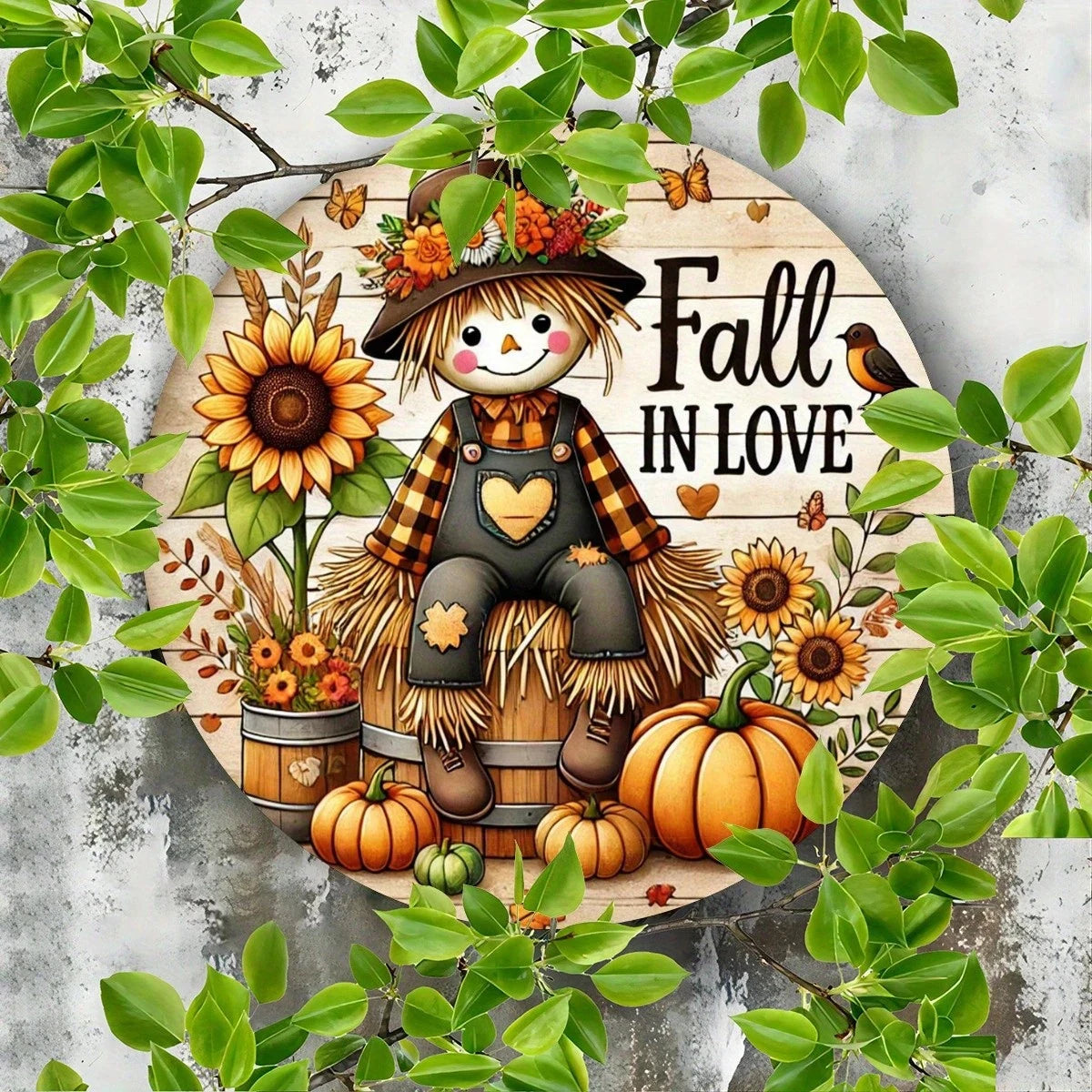 Rustic Fall Harvest Round wooden board Sign, 2D Pumpkin & Scarecrow Themed Decor, Wall, Home, Room, Garage, Garden, Cafe Decor