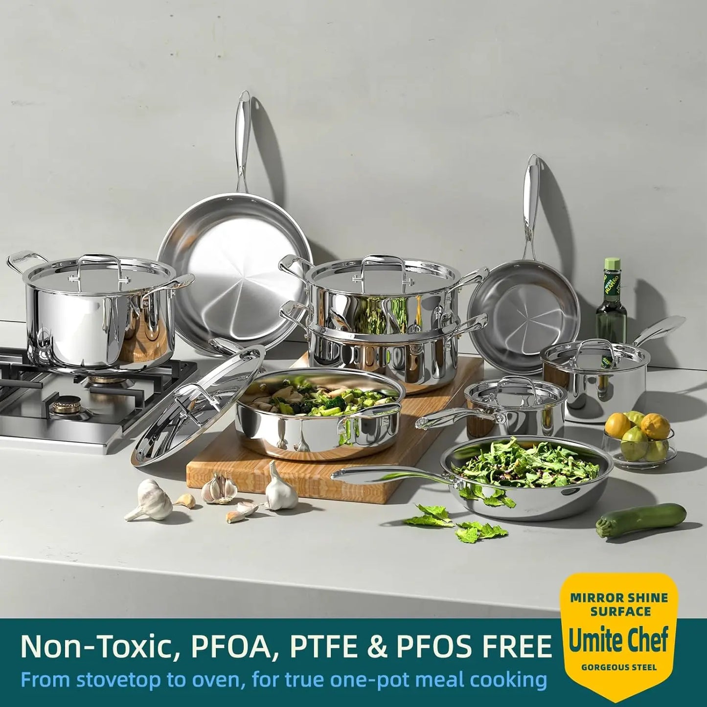 Stainless Steel Cookware Set, 5 Ply 14 Piece Stainless Steel Pot and Pan Set-Induction, Heavy Chef Quality, Oven Safe | Professi
