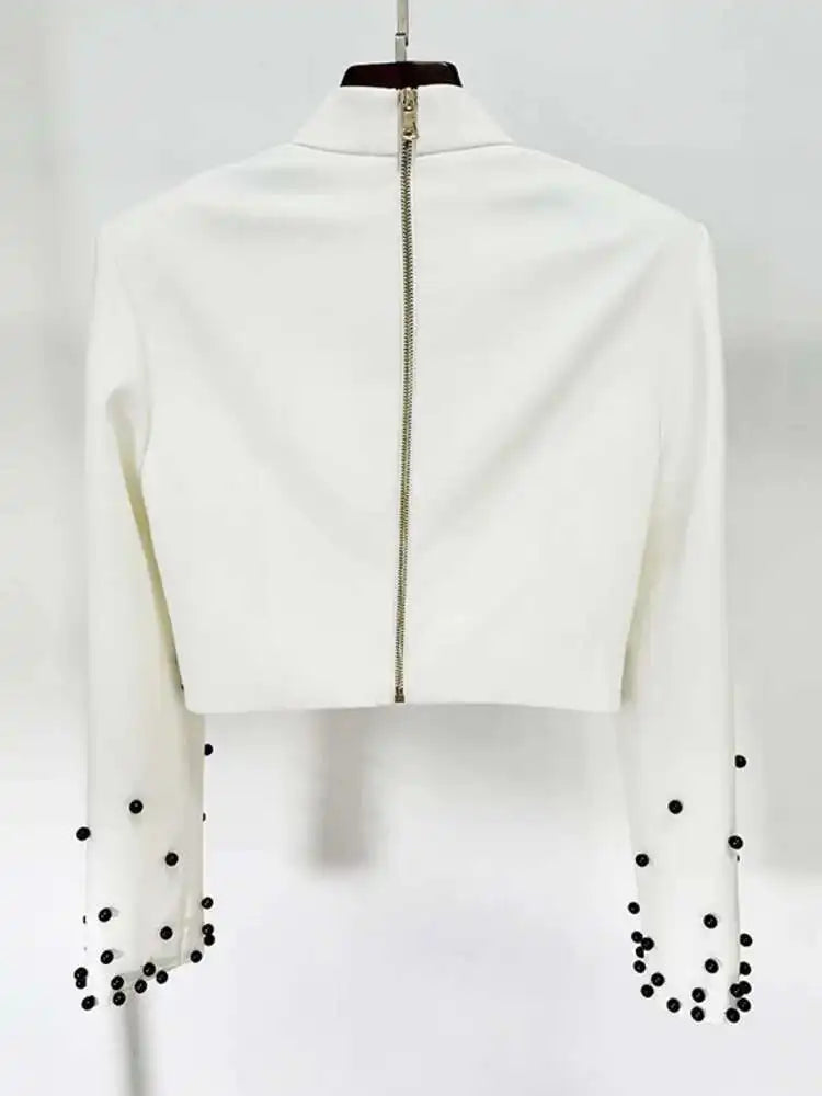 [Women's Beaded Design 2 Pcs Set Stand Collar High Waist Long Sleeve Sets Female Autumn