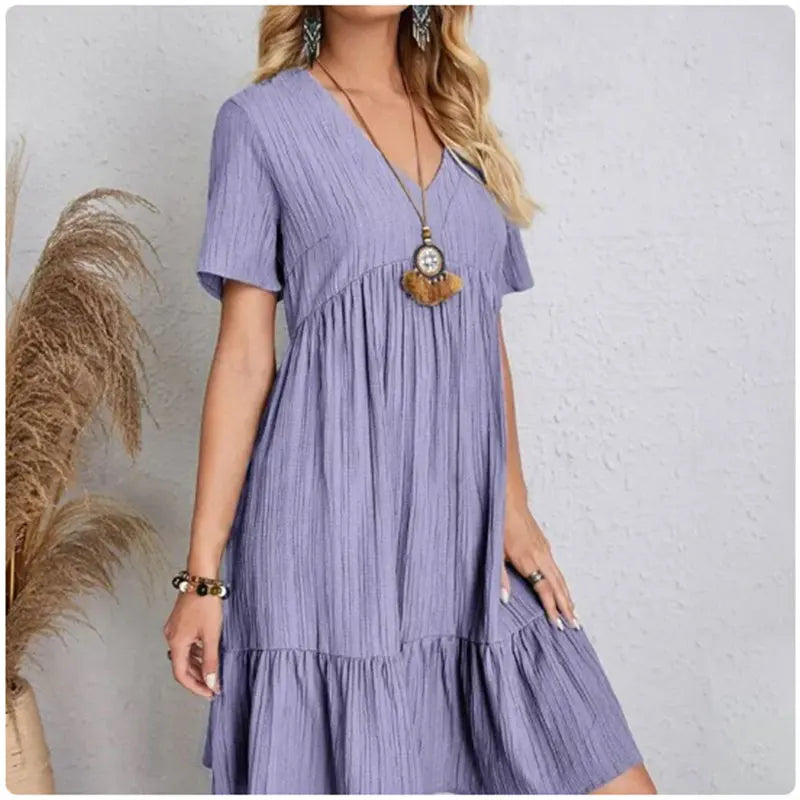 Women  Peplum Dresses Spring V-Neck Short Sleeve Loose Waist Ruffle Fit Flare Vocation Dresses