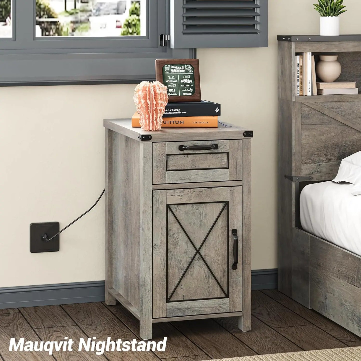 Vabches Nightstand with Drawer&Storage Cabinet Farmhouse Night Stand with Power Outlet Wood End Table Bedside Table for Bedroom
