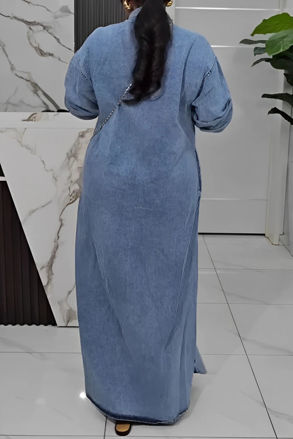 Plus Size Casual Light Blue Shirt Collar Long Sleeve Button Pocket Tencel Denim Maxi Dresses