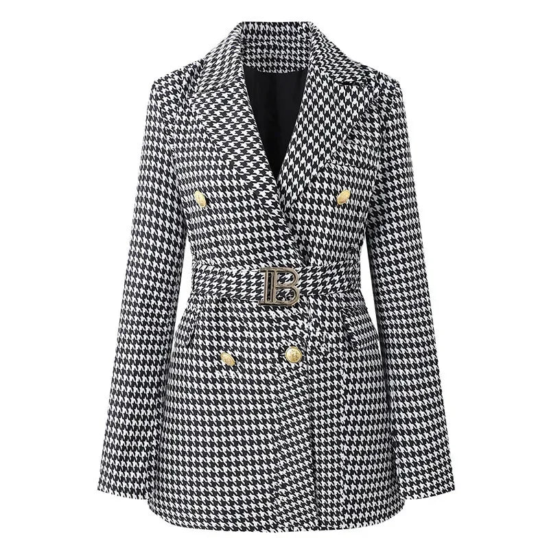 French Elegant Long Sleeve Suit Dress Waist-Cinching Short Size Professional Double-Buttoned Belted Coat