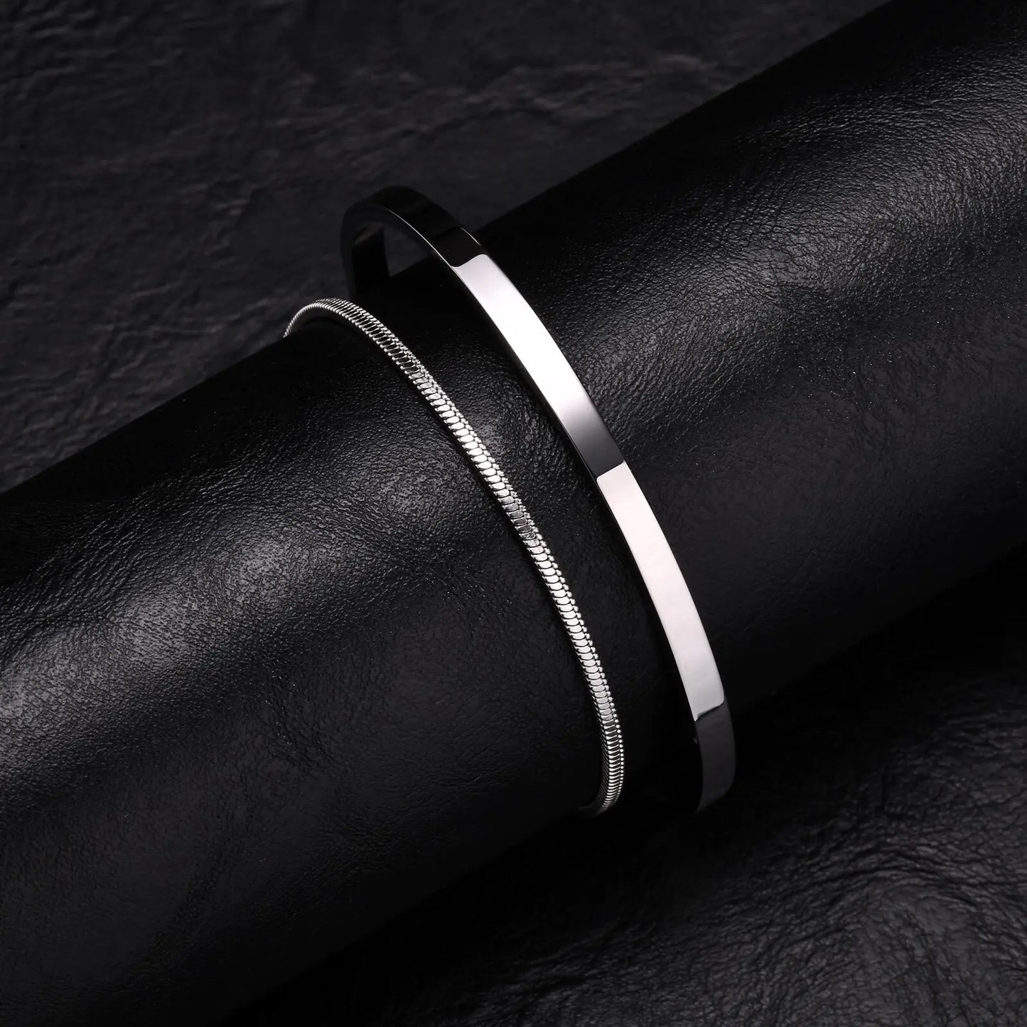 Vnox Mens Stainless Steel Bracelets Set, Stacked Open Cuff Bangles, Black Snake Link Chain Wristband Jewelry Gift