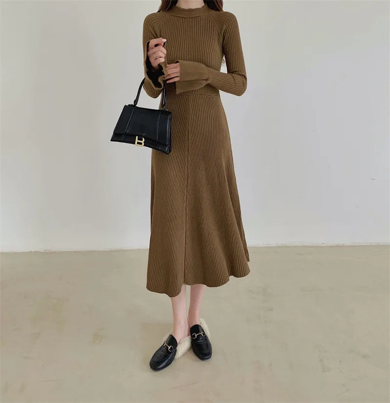 Elegant V-Neck Knitted Dress Slimming Long Skirt High Waist Bell Sleeve Unique Design Autumn Winter Women's Fashion Dress