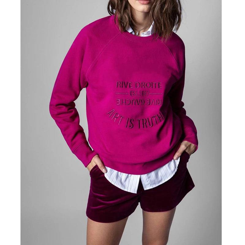 Early autumn new French niche ZV classic letter embroidery pink cotton women's embroidered pullover sweater sweatshirt
