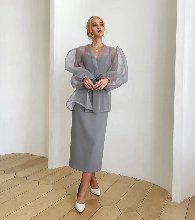 2023 Spring Summer Women Elegant Long Sleeve Solid Grey Mesh Shirt Ladies Sheer Chiffon Blouse For Woman Female