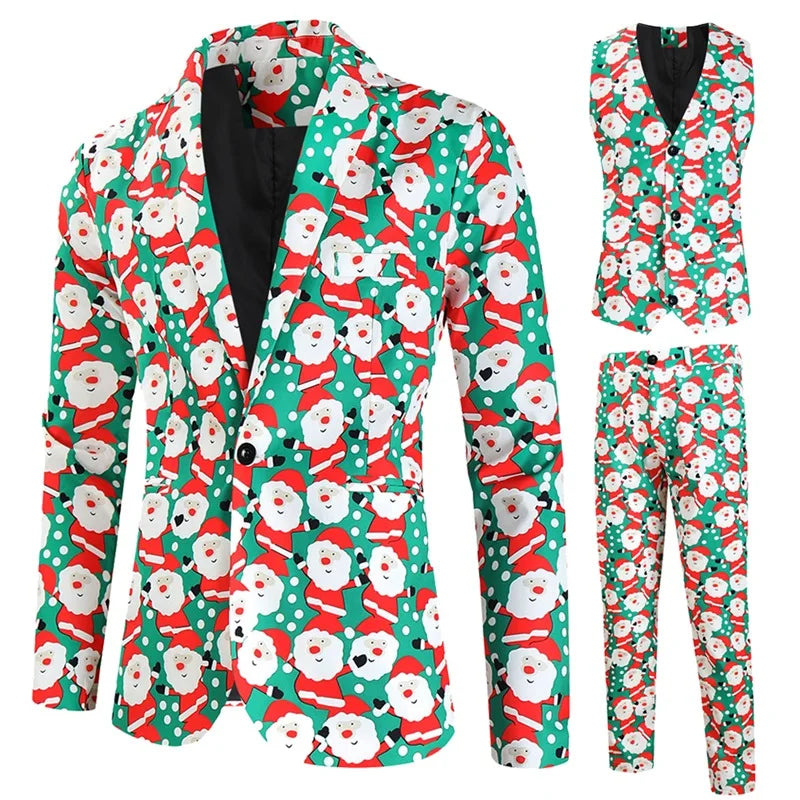 Men Christmas Suit Funny Long Sleeve Single Breasted Jacket with Vest Pants Set Formal Outfit