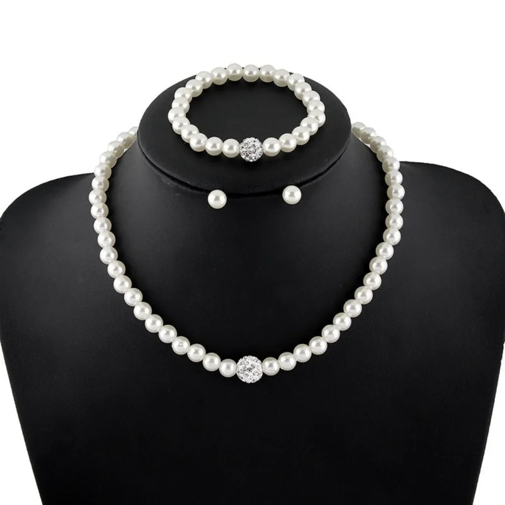 Set 3pcs Classic Trendy Pearl Crystal Necklace Bracelet Earring for Women Luxury Wedding Bride Set Jewelry Gifts