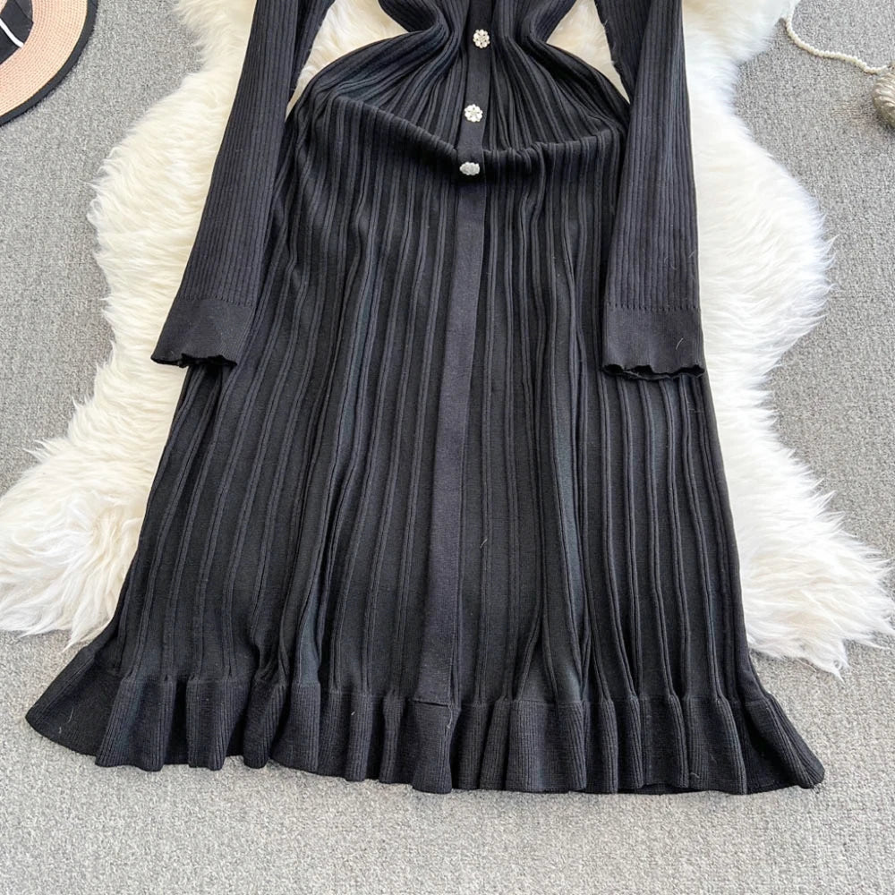 YuooMuoo Autumn Winter Women Knitted Long Dress Brand Fashion V-neck Slim Waist Pleated Sweater Dress Lady Office