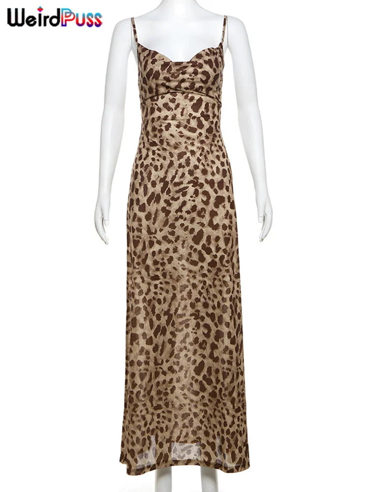 Weird Puss Leopard Print Dress Woman Summer Sexy Swing Collar Spaghetti Straps Backless Ruffles Party Clubwear Skinny