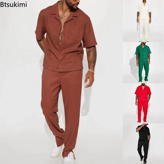 Fashion Mens Solid Color 2 Piece Suits Streetwear Trendy Loose Short Sleeve Lapel Shirt and Pants Outfits Men Summer Casual Sets