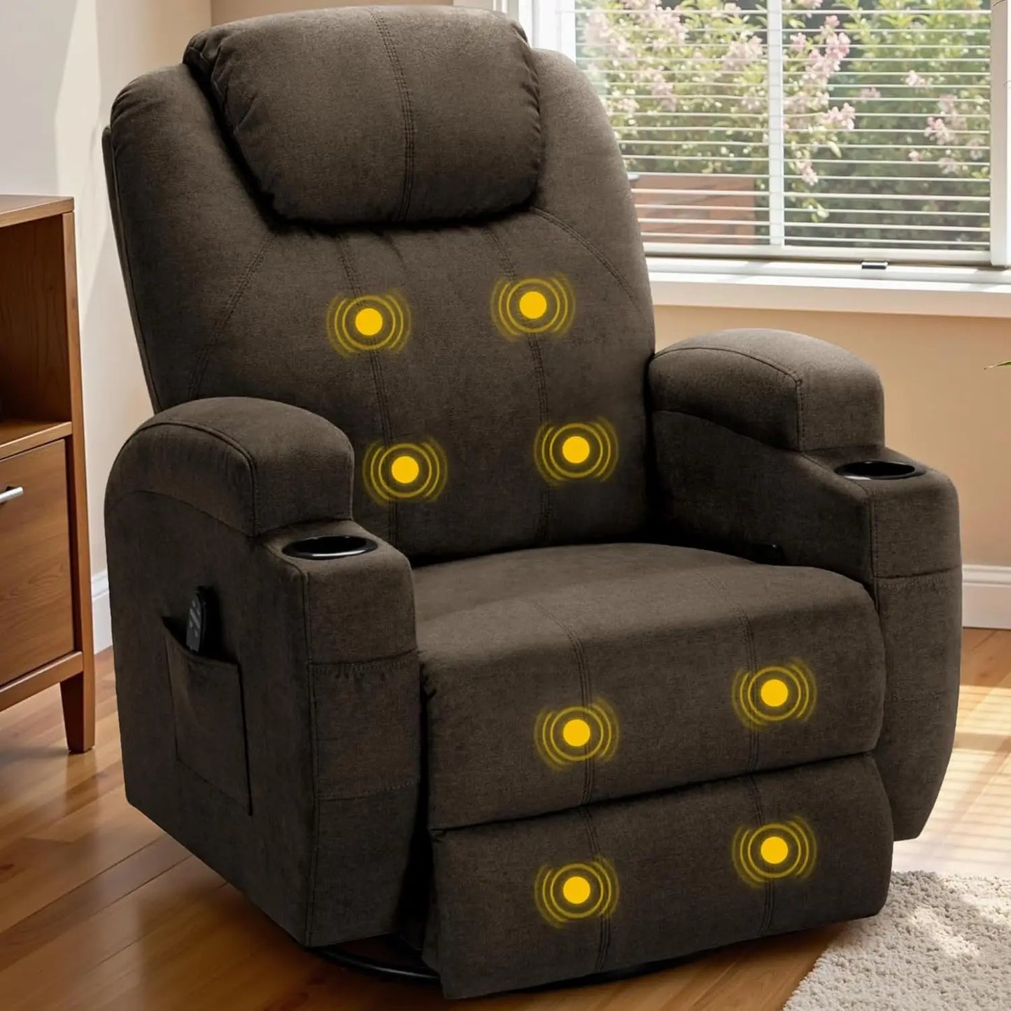 Recliner Chair, 360° Swivel Rocker Chair for Adults, Rocking Recliner Chair with Massage, Comfy Single Sofa with Side Pockets Cu