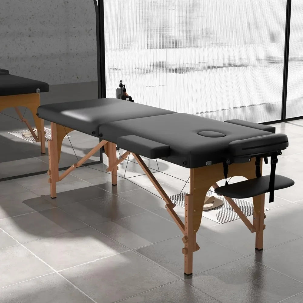 Massage Table, Portable 2 Section Foldable Tattoo Beds, Height Adjustable Light Weight Facial Salon Bed w/Face Cradle&Wood Frame