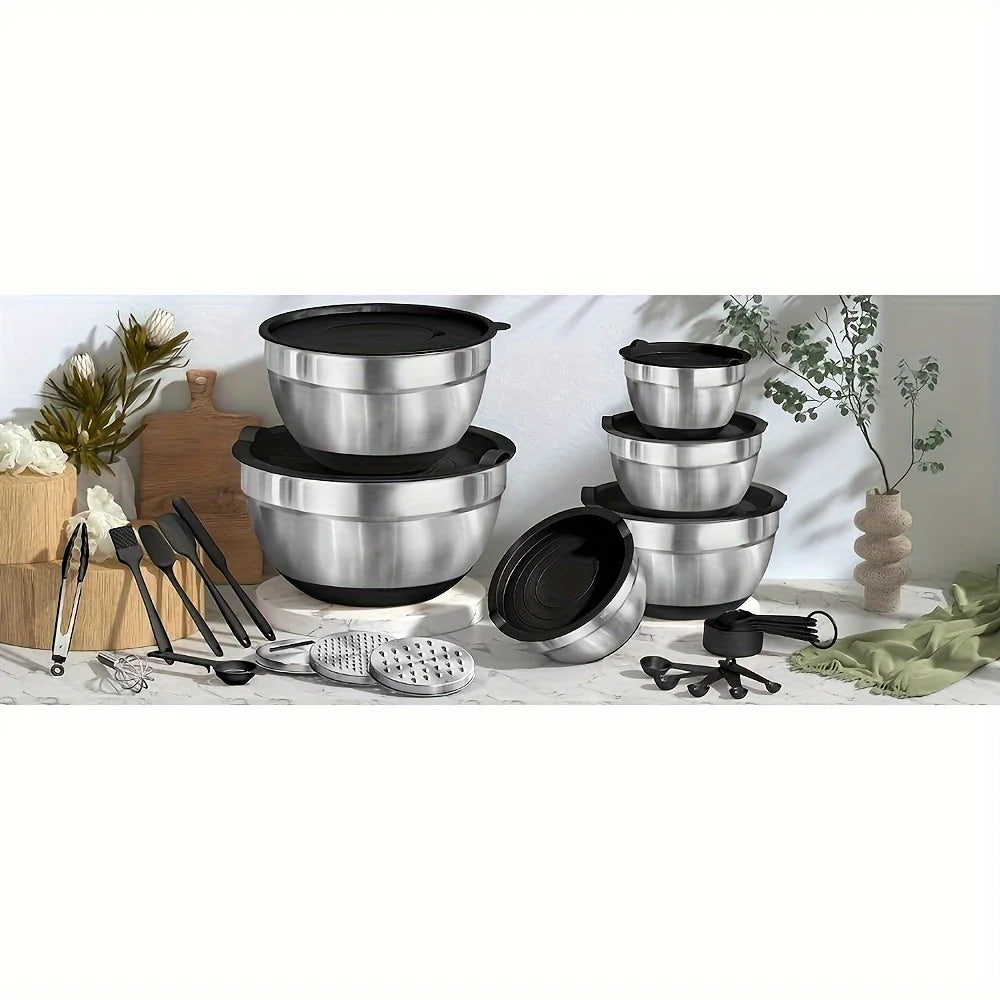 17pcs, Stainless Steel Mixing Bowl Set Mixing Bowls With Lids Grater Attachment, Non-Slip Kitchen Gadget Set, Mixing And Serving