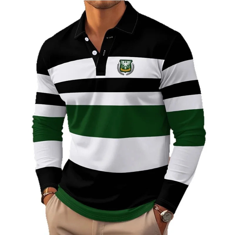 New Classic Stripe Printed Men's Long Sleeve Polo Shirts Autumn Casual Comfortable Fit Button Polo Tops Street Man Pullover