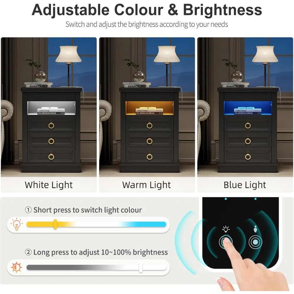Farmhouse Nightstand Set 2 with Gun Drawer,Bedside Table with Charging Station and Human Body Senor,3 LED Lights Night Stand