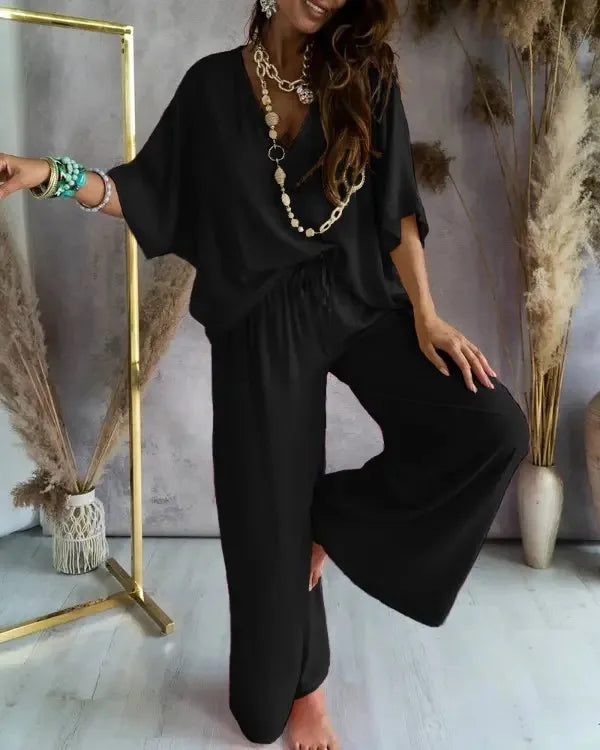 Casual Loose Two Piece Set Women Fashion V-neck Pants Sets Women Elegant Batwing Sleeve Homewear Outfits 2 Piece Sets
