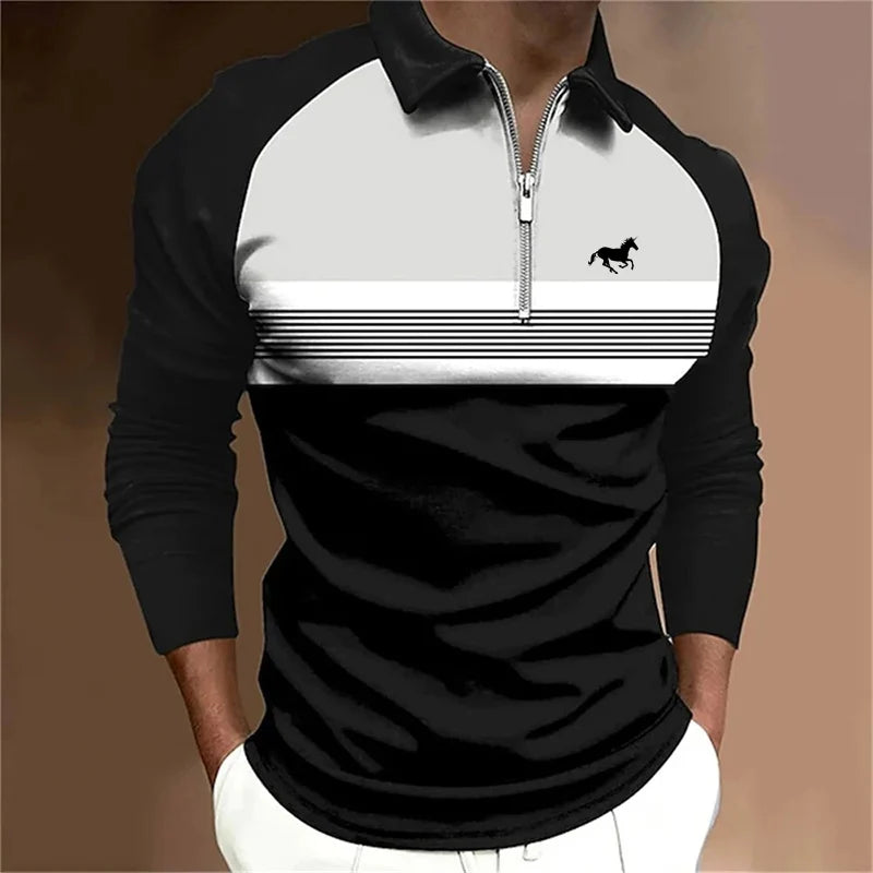 Spring Autumn New Men Clothes Long Sleeve Zipper Stripe Polo Shirt Men Sport