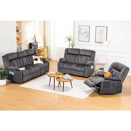 Manual Recliner Chair Set，Fabric Reclining Sofa Chair with Cup Holders, Upholstered Recliner with Side Pockets Suitable for Liv