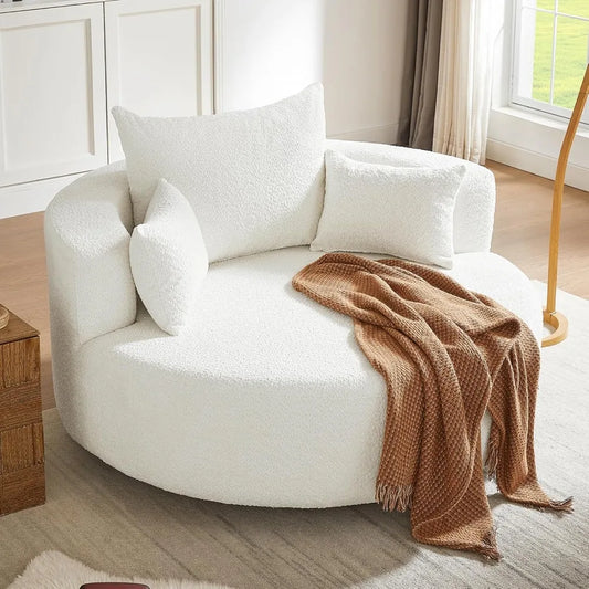 55.1” Oversized Round Swivel Barrel Chair, Large Upholstered Accent Sofa Chair with 3 Pillow,Comfy Chenille Cloud Circle Reading