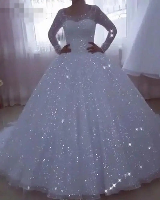 2025 O-neck Glaring Vestido Sparkle Wedding Dresses Ball Gown Long Sleeve Plus Size Princess Bridal Gowns For Women Customized