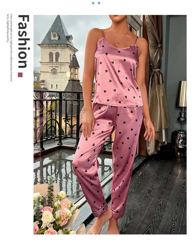 Women Satin Silk Pajamas Sets Letter Print Cami Vest Shirt