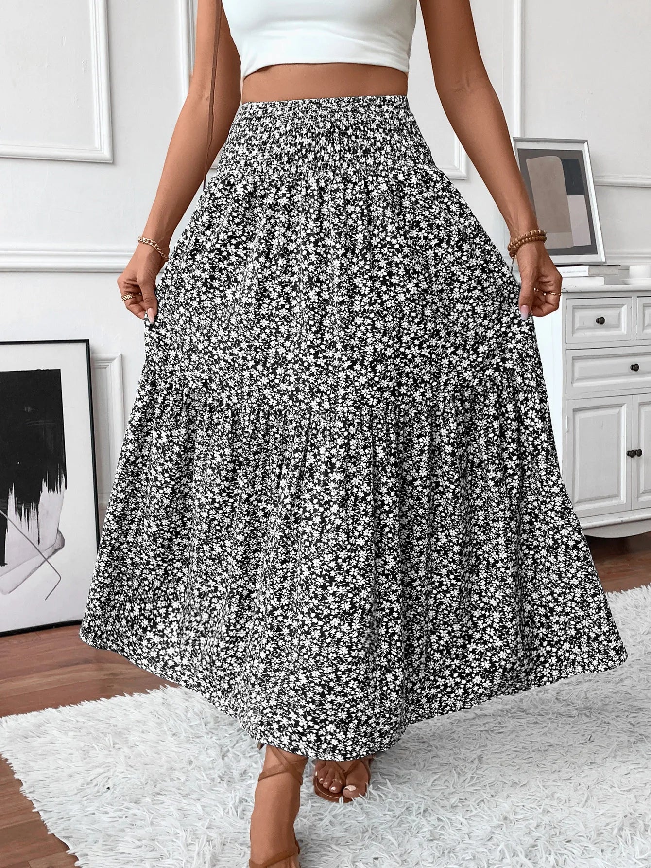 Women New Classic Printed Skirt Retro High Waist Long Skirt Casual Stylish Loose Beach Skirt Elegant Ladies Floral Pleated Skirt