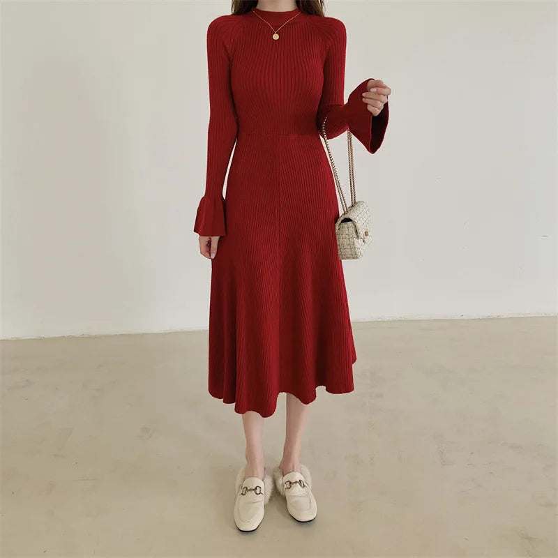 Elegant V-Neck Knitted Dress Slimming Long Skirt High Waist Bell Sleeve Unique Design Autumn Winter Women's Fashion Dress