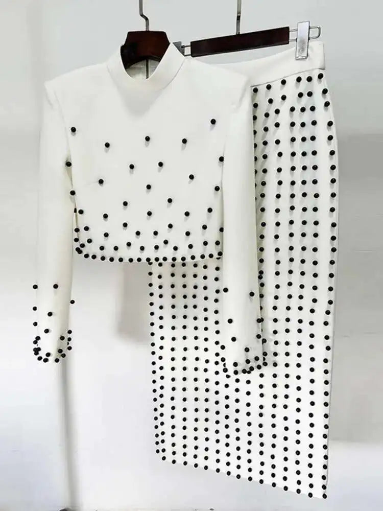 [Women's Beaded Design 2 Pcs Set Stand Collar High Waist Long Sleeve Sets Female Autumn