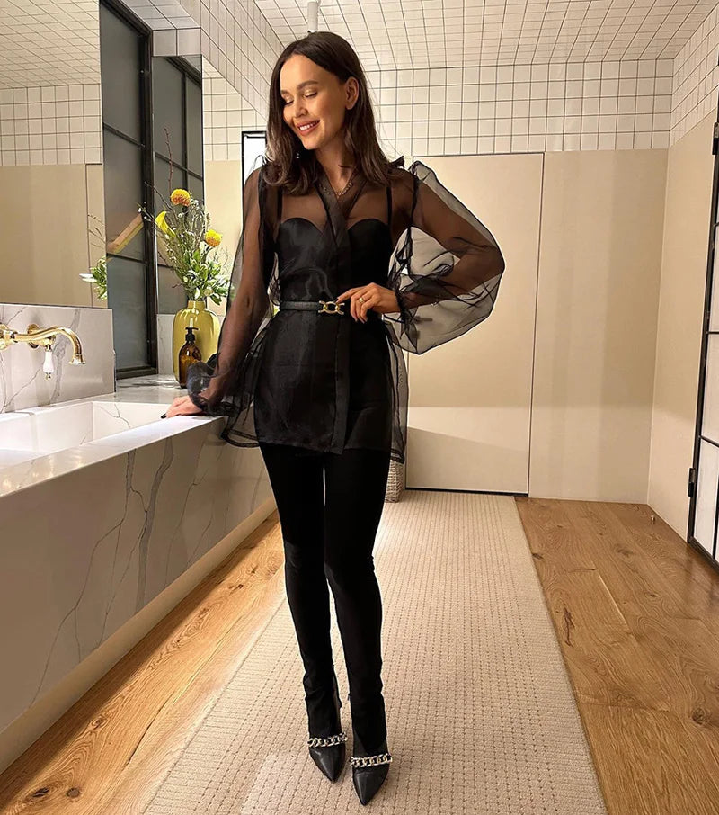 2023 Spring Summer Women Elegant Long Sleeve Solid Grey Mesh Shirt Ladies Sheer Chiffon Blouse For Woman Female
