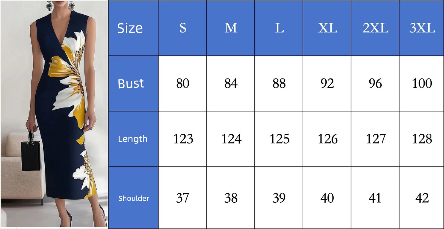 European and American Fashion Sexy Deep V-neck Sleeveless Print Slim fit Sheath Dress Women Temperament Waist Hugging Slimming Long Dress