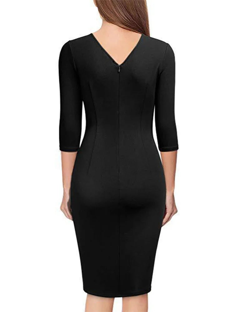 Office Lady Spring Dress V Neck Short Sleeve Dresses