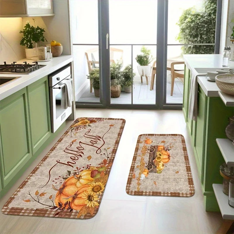 Thanksgiving Kitchen Mat , Autumn Pumpkin Sunflower Maple Leaf Non-Slip Holiday Decor Rug for Home Party Decor
