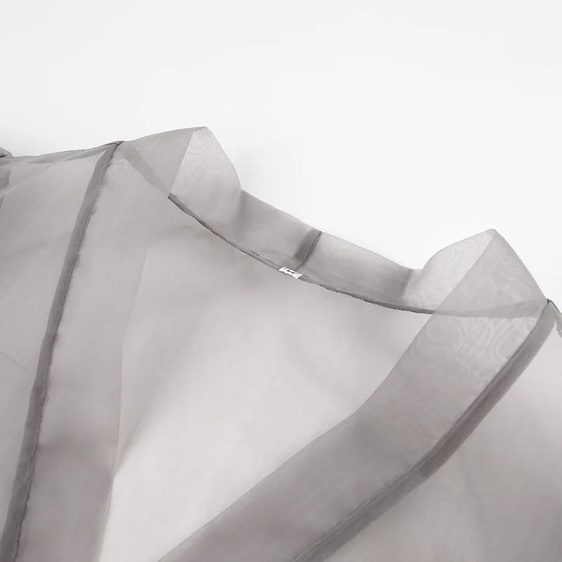 2023 Spring Summer Women Elegant Long Sleeve Solid Grey Mesh Shirt Ladies Sheer Chiffon Blouse For Woman Female