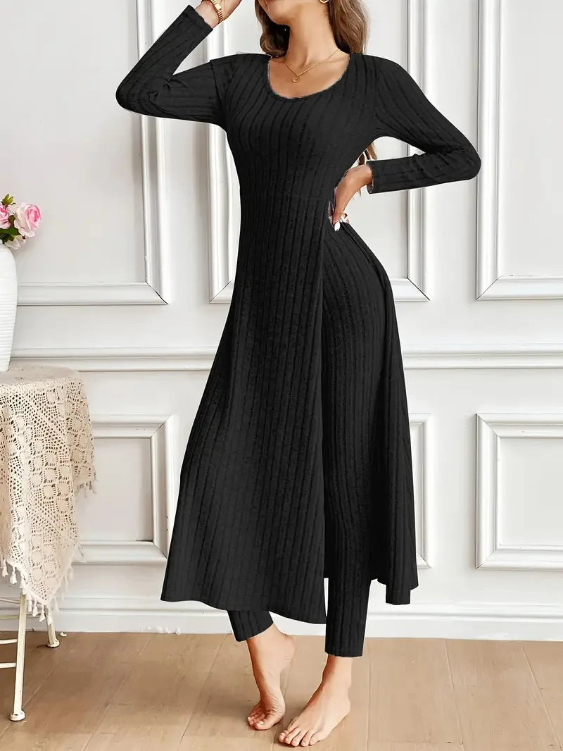 Autumn Casual Solid Set For Women Fashion O Neck Long Tops+High Waist Slim Pants 2 Piece Sets Lady Holiday Women's Clothing New