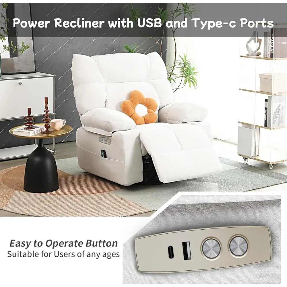 White Power Recliner Chair, Swivel Rocking Recliner Chairs for Adults with Massage and Heated, Soft Single Reclining Swivel Sof