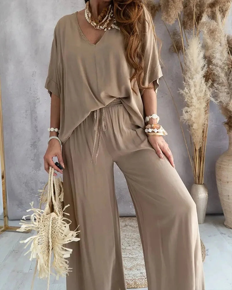 Casual Loose Two Piece Set Women Fashion V-neck Pants Sets Women Elegant Batwing Sleeve Homewear Outfits 2 Piece Sets