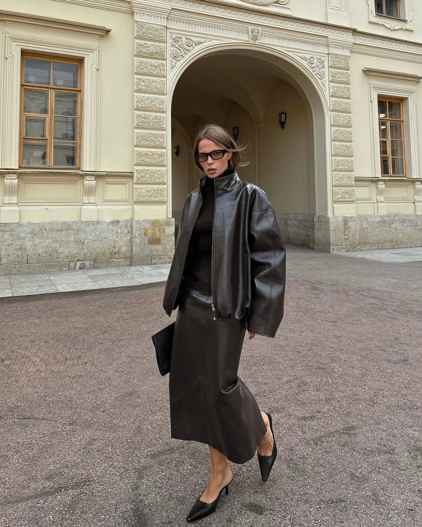 Street Green Leather Jacket Skirt Sets Women Stand Collar Zipper Pleated Coat Spliced Long Skirts Outfits