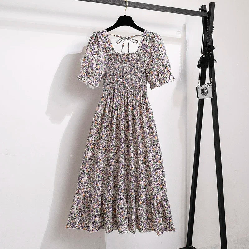 Spring Summer Chiffon Dresses Fashion Female Elastic Waist Short Sleeve Pleated Casual Dress Women A-line Dresses