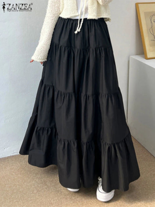 ZANZEA Women Korean Fashion Tiered Maxi Skirt