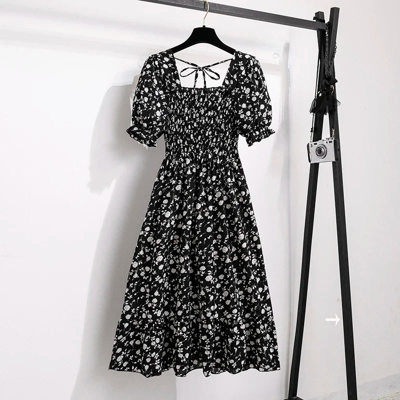 Spring Summer Chiffon Dresses Fashion Female Elastic Waist Short Sleeve Pleated Casual Dress Women A-line Dresses