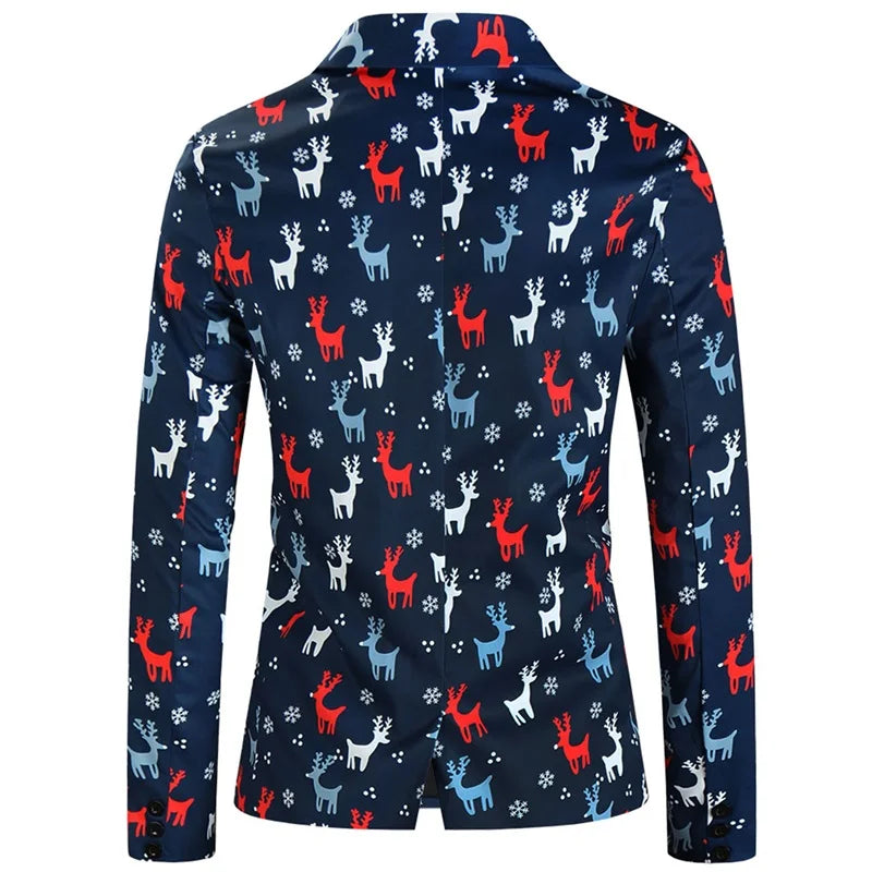 Men Christmas 3Pcs Suit Cartoon Print Long Sleeve Single Breasted Jacket with Vest Pants