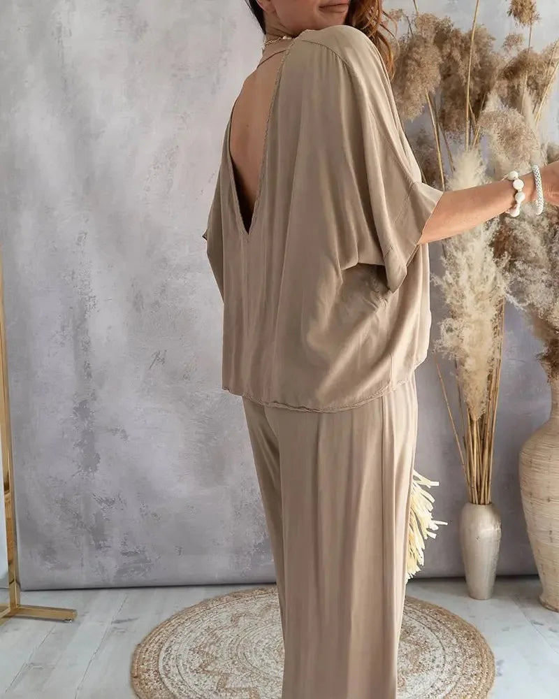 Casual Loose Two Piece Set Women Fashion V-neck Pants Sets Women Elegant Batwing Sleeve Homewear Outfits 2 Piece Sets