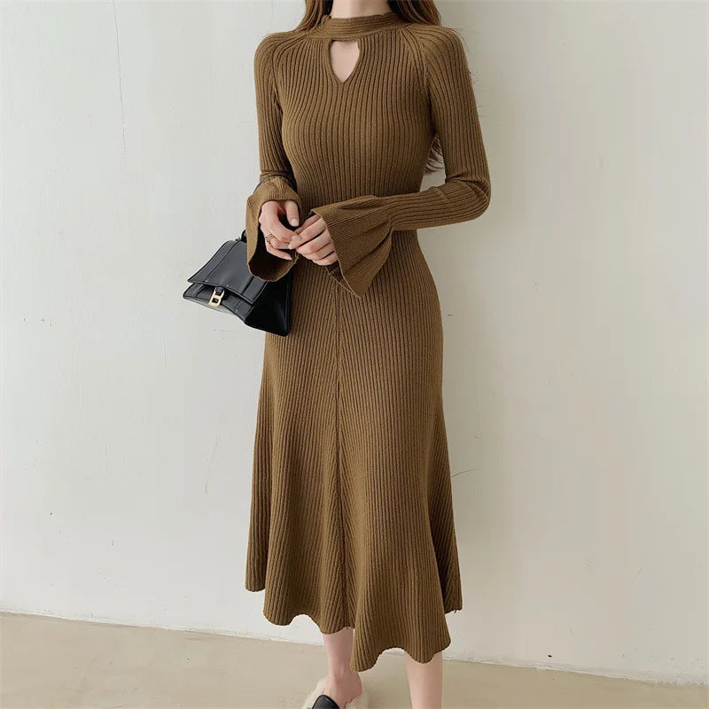 Elegant V-Neck Knitted Dress Slimming Long Skirt High Waist Bell Sleeve Unique Design Autumn Winter Women's Fashion Dress
