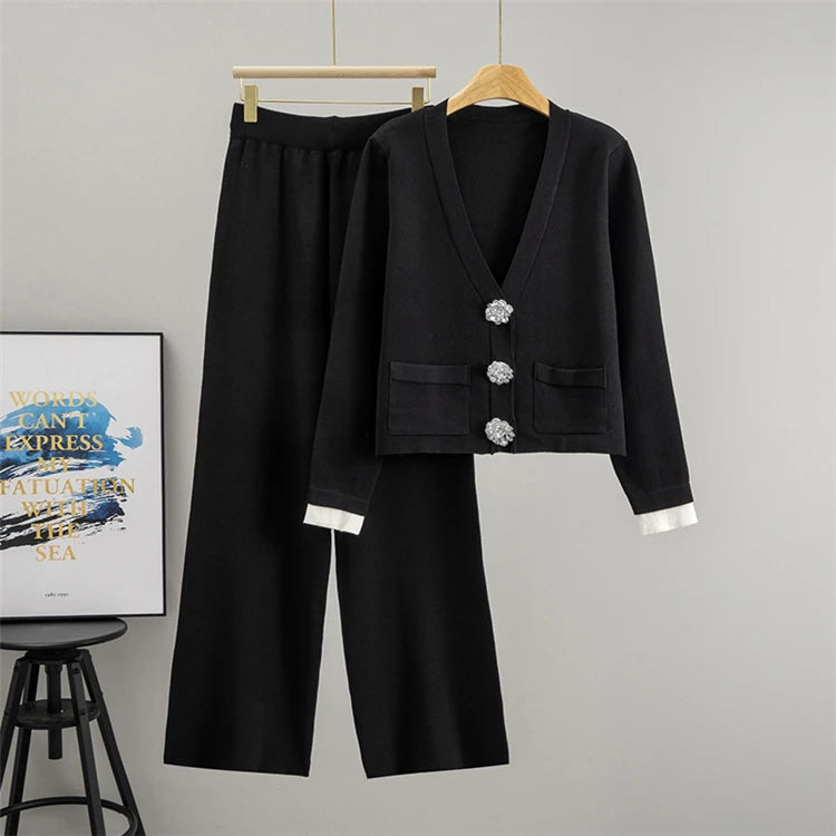 2025 Autumn  Casual Women's Knitted Pants Set V-neck Long Sleeved Single Breasted Knitted  Cardigan Wide Leg Pants Two Piece Set