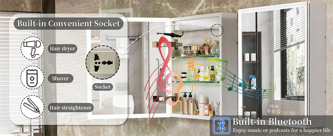Bathroom Cabinet with Mirror Rectangle LED Lighted Mirror Wall Bathroom Medicine Cabinet w/ Bluetooth Speaker Aluminum Frame