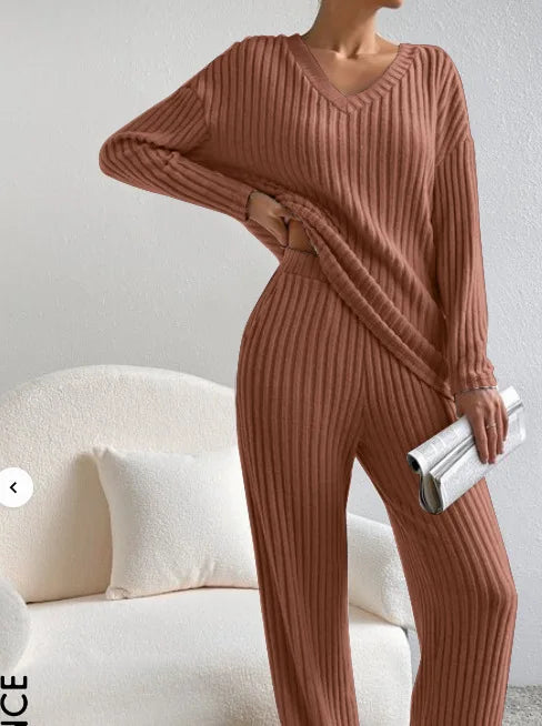 Solid Color Casual Loose Knitting Sets For Women Elegant Autumn Women's Two Pieces Suit Full Trouser Set Female Outfit Clothes